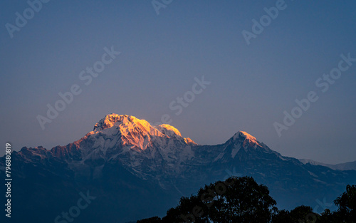 Sunrise over the mountain Annapurna range in Nepal.