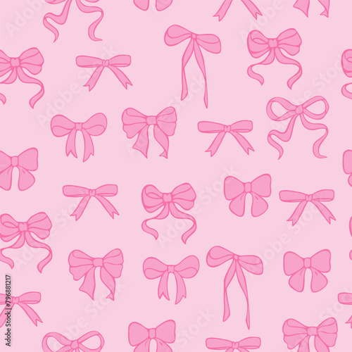 Pink bow. Cute seamless pattern. Elegant coquette hand drawn ribbon background