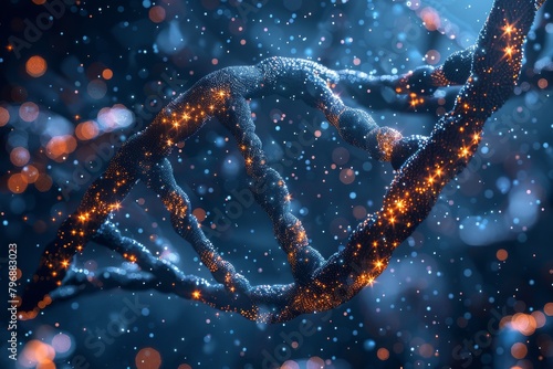 A visual depiction of the intertwining strands of DNA embellished with glowing orange sparks on a blue background