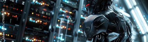 Close up of a sleek exoskeleton suit against a complex server room background, detailed with glowing nodes, dim lighting
