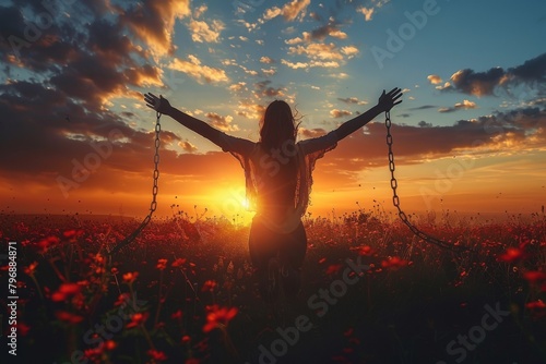 Capturing a peaceful moment, a woman with arms spread open faces a beautiful sunset, surrounded by a sea of red flowers