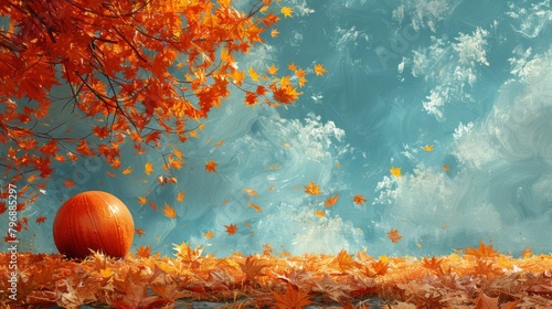 Ignite the imagination with an image featuring an orange ball nestled amidst a bed of golden autumn leaves, a vibrant burst of color against the backdrop of a crisp blue sky