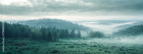 Green landscape of foggy forest