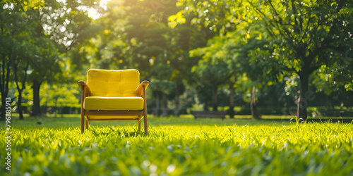 Yellow Armchair in the green grass with tree background