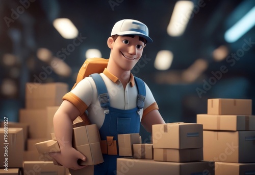 'illustration 3d character holding cartoon overalls deliveryman packages bunch hands express employee mail carrier men work courier box man delivery service deliver uniform'