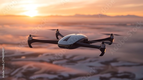 Explore the sublime beauty of a precision-engineered drone, its aerodynamic design soaring through the sky with effortless grace.