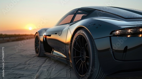 A black sports car drives into the sunset.
