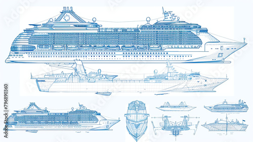 Isolated blue print of cruise ship isolated on white background in a flat style. Blue print, sketch style, for cargo ship, high quality, clear features, side view