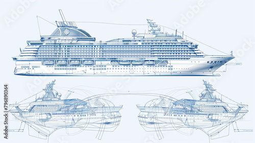 Isolated blue print of cruise ship isolated on white background in a flat style. Blue print, sketch style, for cargo ship, high quality, clear features, side view