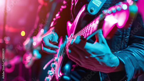 Close up of guitarist on stage. Music band group perform on a concert stage.