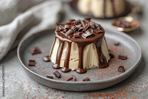 Italian dessert Panna Cotta, creamy coffee jelly with chocolate on a plate on a light gray background