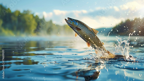 Close up of rainbow trout jumping out of the water with a splash during sunrise. 