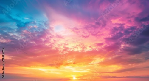 A breathtaking sunset sky with vibrant colors, casting long shadows and creating an enchanting atmosphere A serene scene capturing nature's beauty at its most captivating moment Generative AI