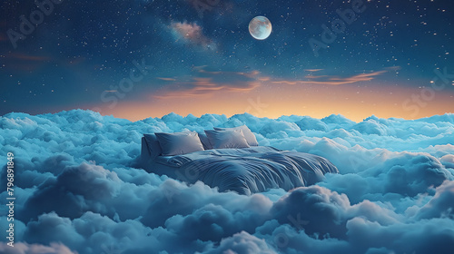 bed in clouds at night symbolic for deep sleep