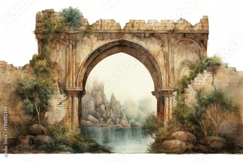Medieval Persian painting art of stone Persian arch bridge architecture outdoors wall.