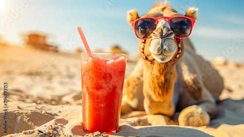 Cool camel spending vacation relax have cold drink in summer at desert , Funny animal concept .
