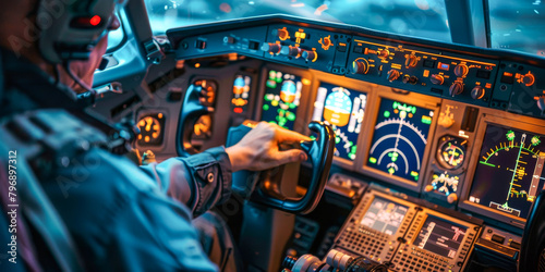 Pilot Operating Controls in Aircraft Cockpit During Night Flight