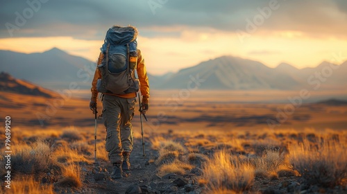 A man trekking across a barren desert landscape, embracing the challenge and solitude of remote exploration.