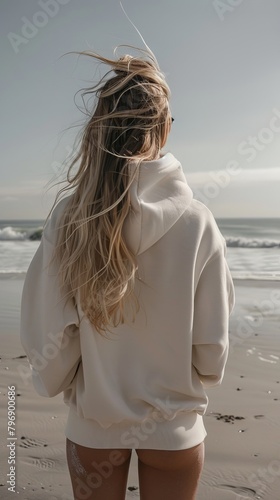 Back of hip blond tan woman wearing white thick oversized hoodie on the beach vertical view, Generative AI
