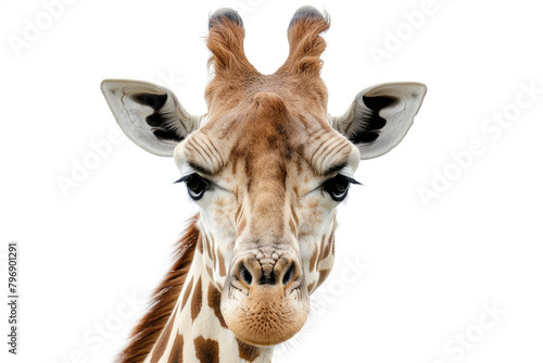 Close-up of giraffe face isolated on white background