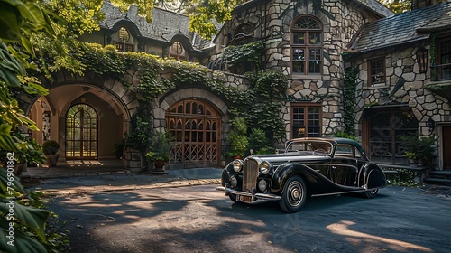 Picture an opulent mansion, where ivy climbs weathered stone walls and history whispers through every corner. Parked in the driveway, a rare vintage car exudes timeless sophistication,
