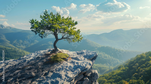Mountain landscape with scenic tree on rock top in summer, lonely pine on cliff, stunning view. Concept of nature, sky, travel, background