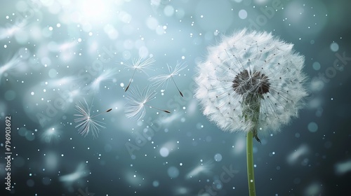  A dandelion floats in the wind against a blue-and-white backdrop, while snowflakes delicately fall upon it