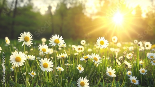 Sunrise dewdrops on blooming daisies in lush meadow