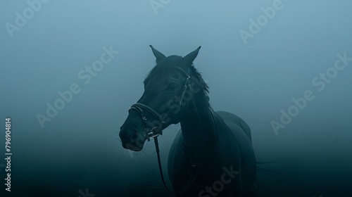  A black horse stands in the fog, its head adorned with a bridle, its neck likewise