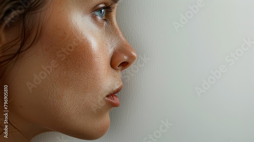  A tight shot of a woman's face featuring distinctive freckles sprinkled across her nostrils