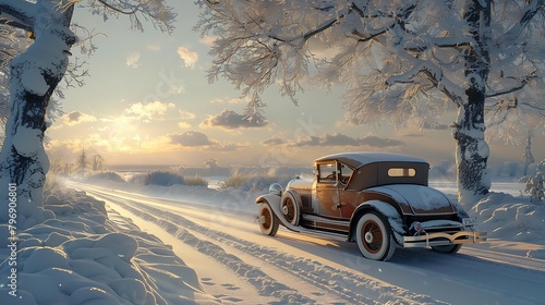 Picture a snow-covered landscape, where silence reigns supreme and frost glistens like diamonds in the sun. Against this wintry backdrop, a vintage automobile stands as a beacon of classic elegance, 