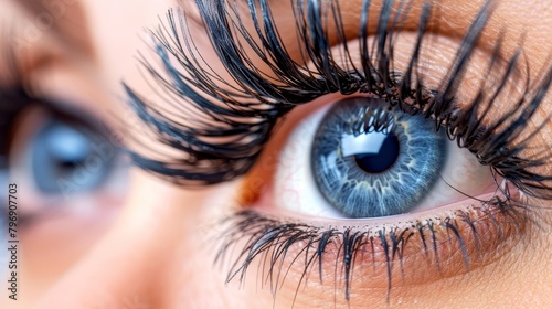  A tight shot of a woman's blue eye, framed by long, black lashes and a thin line of blue eyeliner