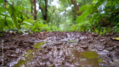  A forest path mired in mud, strewn with abundant leaves, and punctuated by a water-filled puddle