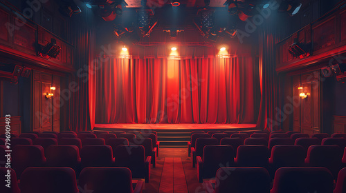 Vintage cinema auditorium with red seats, a screen framed by red curtains, and illuminated by spotlights, evoking a nostalgic ambiance of classic movie theaters