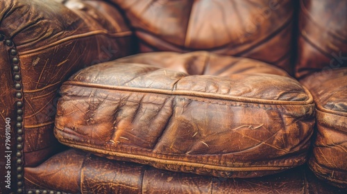  A tight shot of a brown leather chair with visible nail heads on its backrest