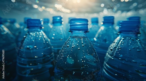  A collection of water bottles aligned on a blue water surface, adorned with water droplets atop
