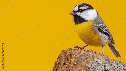  A small bird atop a tree stump against a bright yellow backdrop In the foreground, another small bird perches on a separate tree stump
