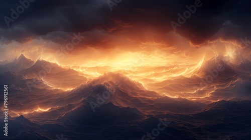  A sunset painting over a vast water body with mountains ranging in its heart