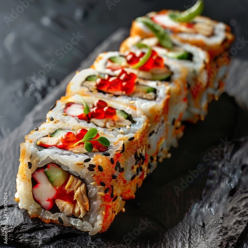 Chicken Maki Sushi Rolls, Tory Teriyaki Uramaki Roll Set with Rice, Cream Cheese, Chicken Fillet, Tomato