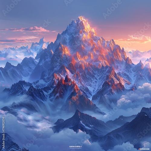 Stand in awe before a towering mountain range, its peaks bathed in the soft glow of twilight. A silent sentinel against the backdrop of the evening sky, 