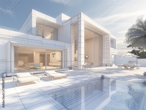 An exquisite 3D rendered villa, where detailed realistic imagery meets minimalist wireframe design, accompanied by copy space for tailored content