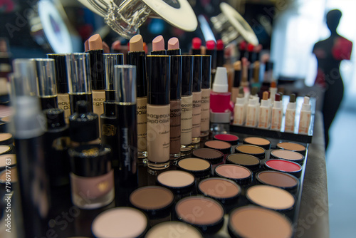 make up palette, Delight in the mesmerizing scene of decorative cosmetics arranged on a dressing table in a makeup room