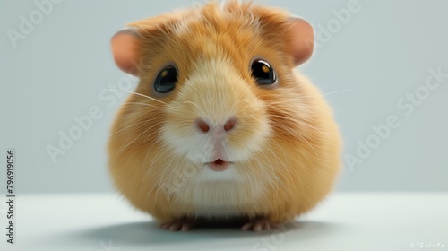 A cute, fluffy guinea pig with big eyes and a pink nose is sitting on a white table.