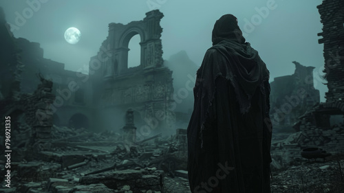 Person in cloak at night among ruins