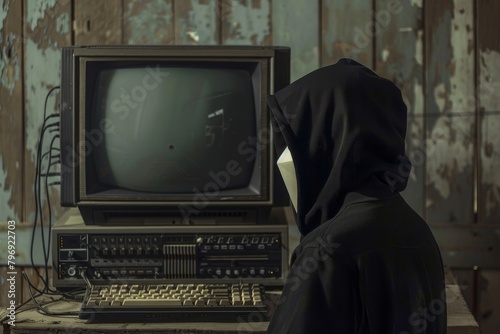 Anonymous Hacker Next to Vintage Computer