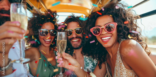 joyous group of friends laughing and celebrating with champagne in party bus