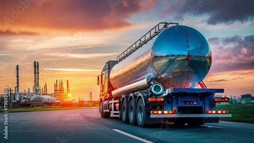 Large metal fuel tanker in motion, rear view. Transportation of fuel gasoline, delivery of fuel to an oil refinery, against the backdrop of sunset