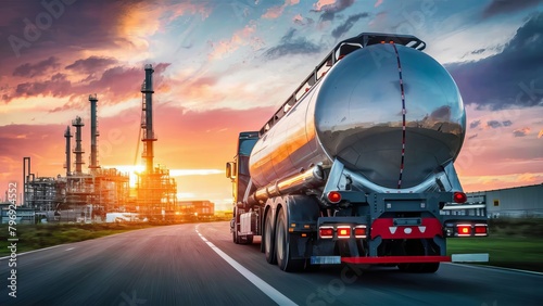 fuel tanker in motion, rear view. Transportation of fuel, delivery of fuel to an oil refinery, against the backdrop of sunset