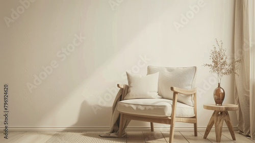 A white chair is sitting in front of a window with a vase of flowers on a table. The room is empty and has a minimalist feel
