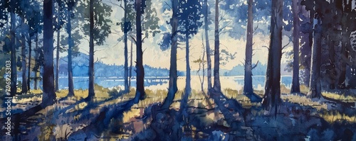 Tall pine trees cast long shadows in the fading light of dusk, bright water color